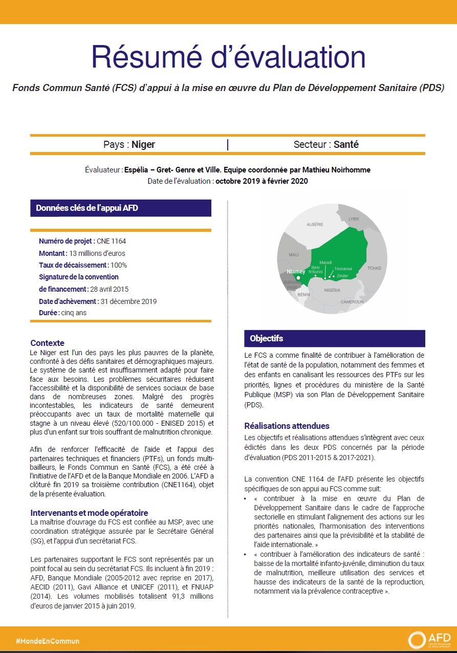 Résumé d'évaluation - Fonds commun santé (FCS) d’appui à la mise en oeuvre du Plan de développement sanitaire (PDS) au Niger